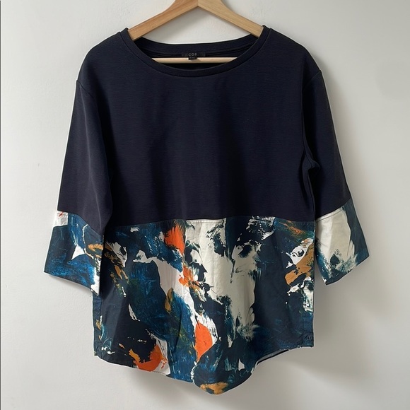 COS Mix fabric Abstract Navy Paint Pattern Pullover Woven/Knit oversized Top S - Picture 1 of 13